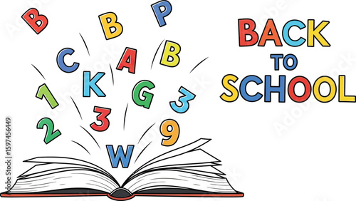 Vector art of an open book with colorful letters and numbers floating above it, next to the words back to school, symbolizing the joy of learning and education