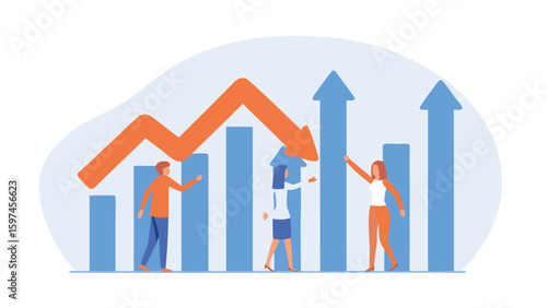 People standing near a bar graph with an orange arrow showing fluctuating trends and economic performance