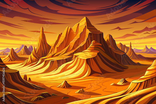 Amazing panoramic landscape of Erg Chebbi sand dunes in Western Sahara Desert, Morocco. Golden rippled sands, arid terrain, peaceful nature, dramatic sky, desert travel destination