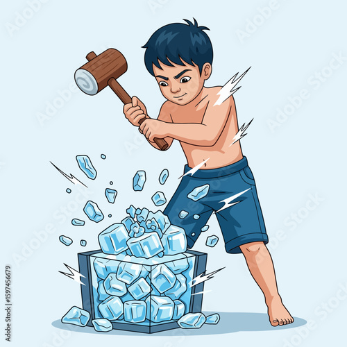 Young Cartoon Boy Breaking Ice with Hammer in Blue Shorts