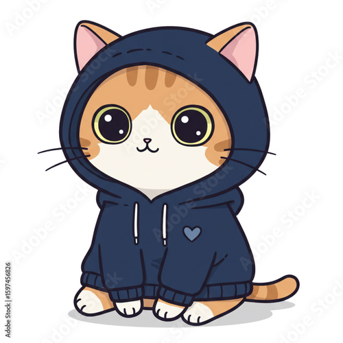 Cute cartoon cat with orange stripes wearing a blue hoodie, sitting down and looking forward