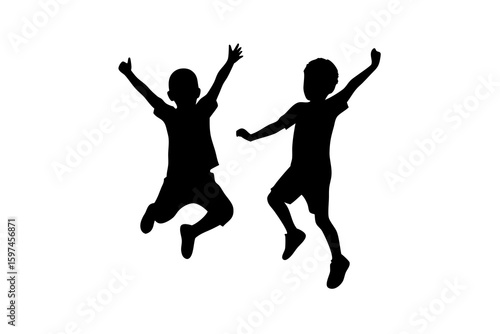 Two boys jumping silhouette with arms raised high