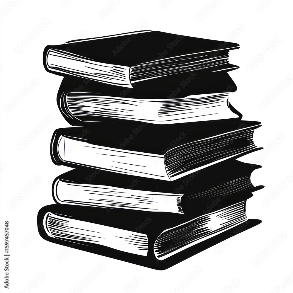 Fototapeta premium Stack of books black white illustration.