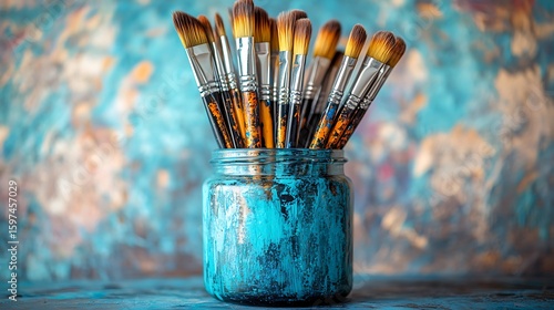 Artistic paintbrushes are placed in a teal painted jar ready for painting with blurred background photo.