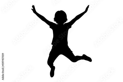 Silhouette jumps with joy, arms raised high up.