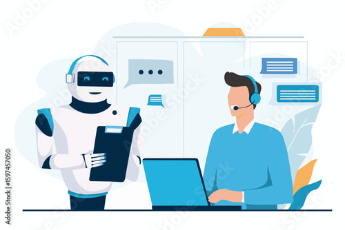 Humanoid robot supports a customer service agent during virtual chat session in modern flat vector style
