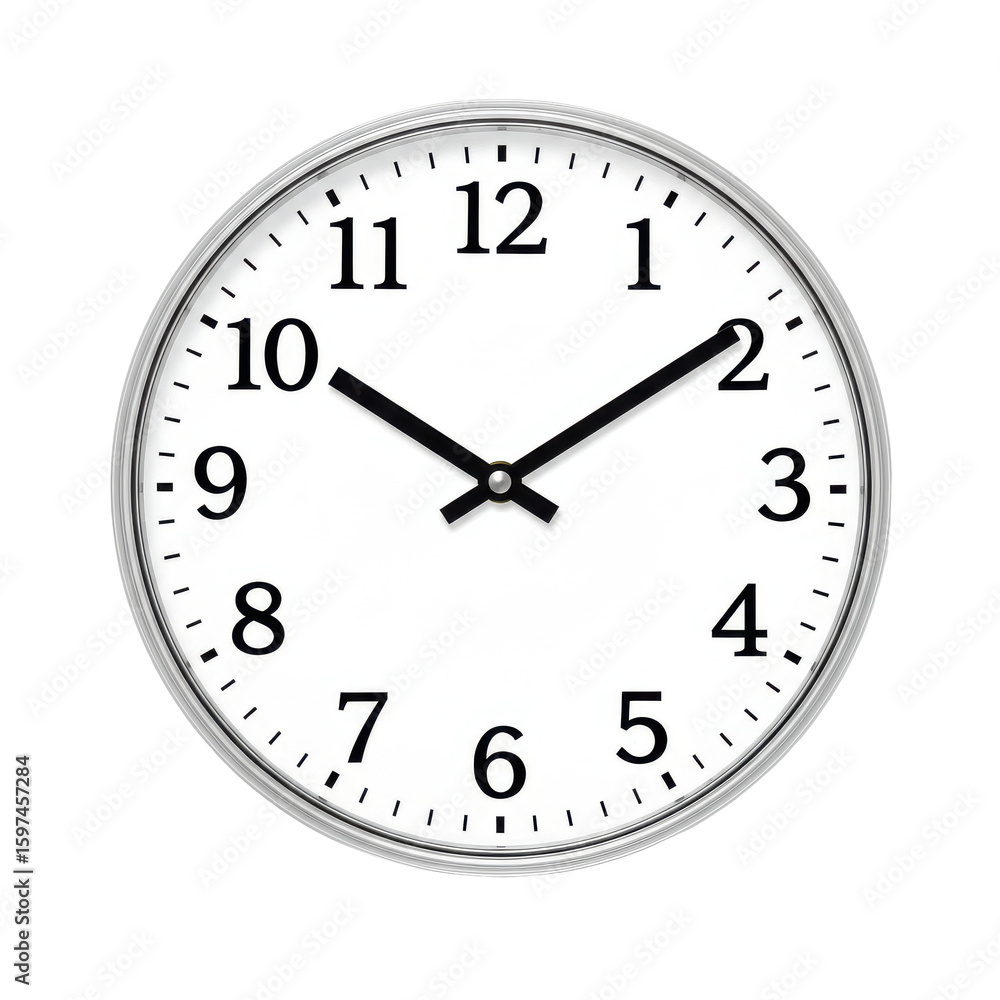 Classic wall clock showing time at 1010 with a minimalist design against a white background Classic wall clock showing time at 1010 with a minimalist design against a white background