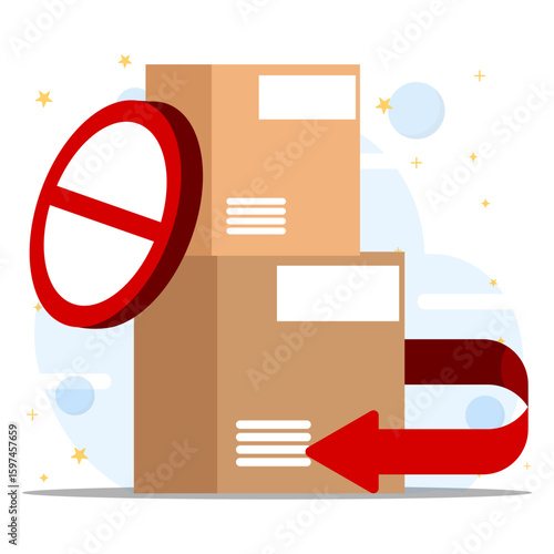 No shipping packages blocked by prohibited sign with red arrow. Return of delivery package concept.
