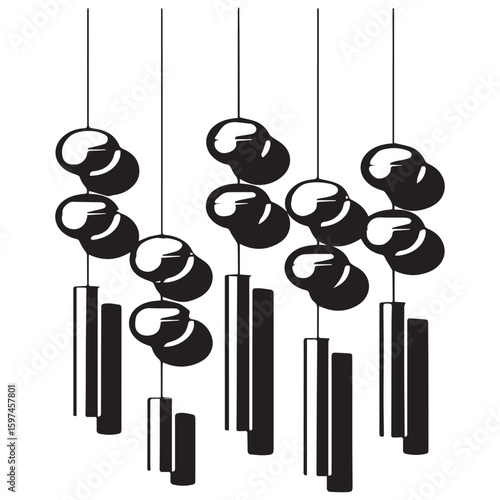 Stylized black and white illustration of hanging wind chimes with smooth oval top elements and rectangular tubes