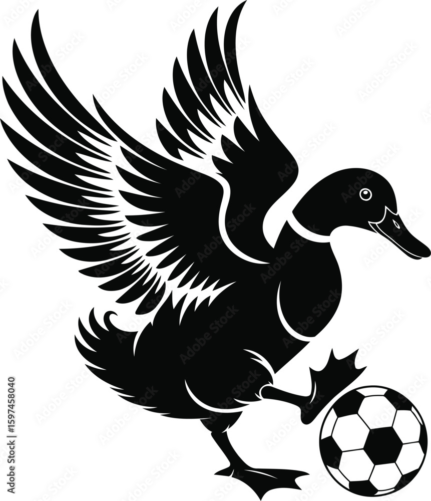 Fototapeta premium Duck Kicking Soccer Ball Silhouette Vector, Transparent Background.