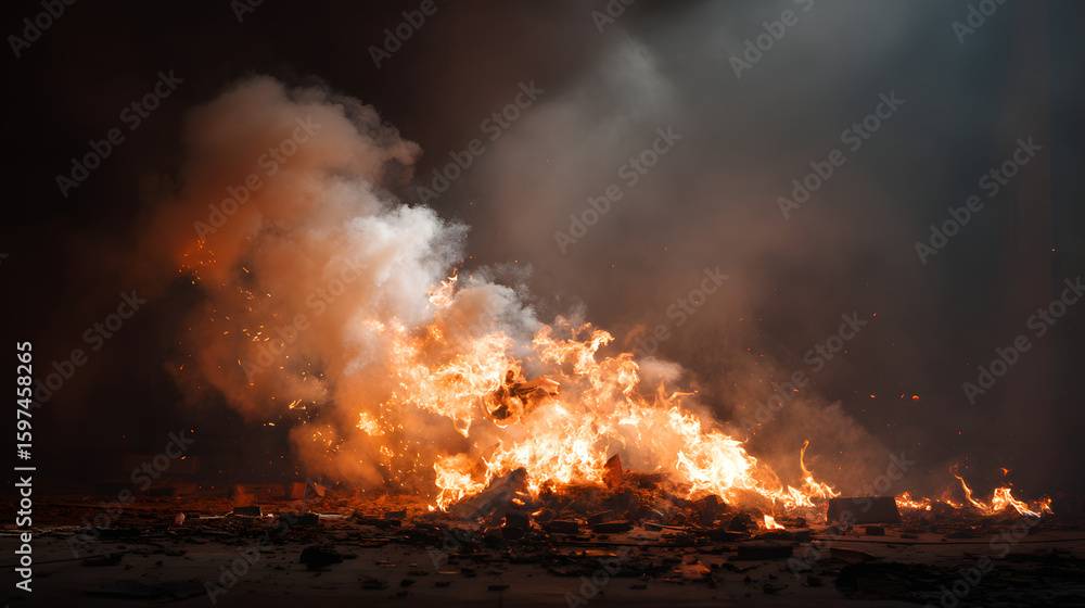 Obraz premium Intense inferno consuming debris with thick smoke and fiery embers in a dark, chaotic environment