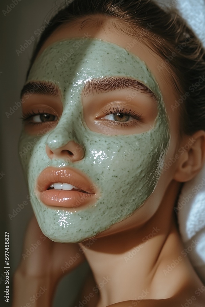 Fototapeta premium Woman with green clay facial mask. Skincare daily routine. Wellness, skin care, beauty brand campaign ad. Soft focus, natural lightning, elegant, sophisticated aesthetic