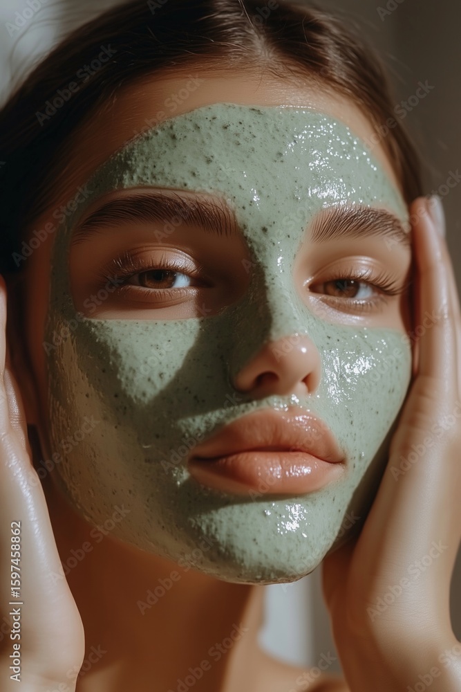Fototapeta premium Woman with green clay facial mask. Skincare daily routine. Wellness, skin care, beauty brand campaign ad. Soft focus, natural lightning, elegant, sophisticated aesthetic
