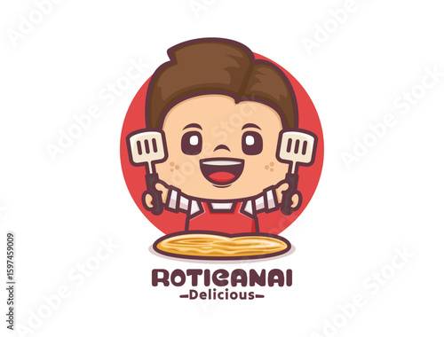 male cartoon character with roti canai, culinary mascot