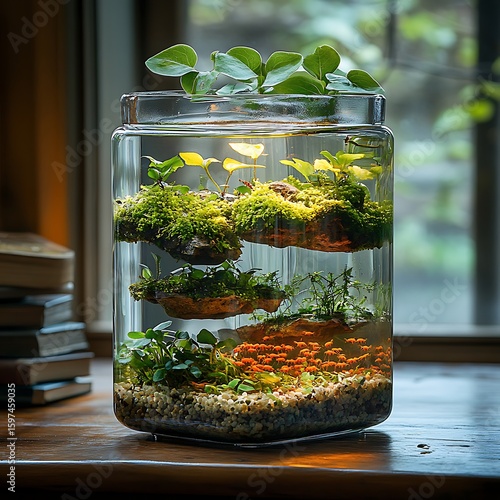Artistic terrarium photo displaying layered miniature ecosystem inside clear glass container