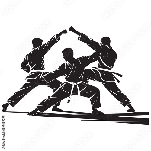 Three silhouetted martial artists in dynamic poses forming a protective circle with raised arms in a black and white illustration