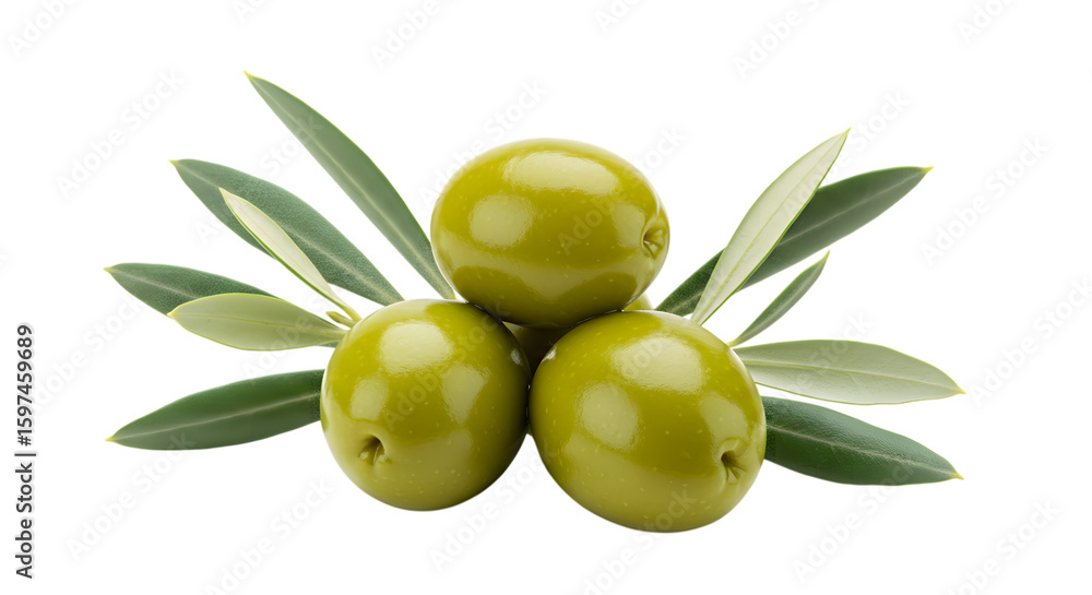 A close-up studio shot features three green olives stacked on top of each other, accented by a small olive branch with leaves. A close-up studio shot features three green olives stacked on top of each other, accented by a small olive branch with leaves.