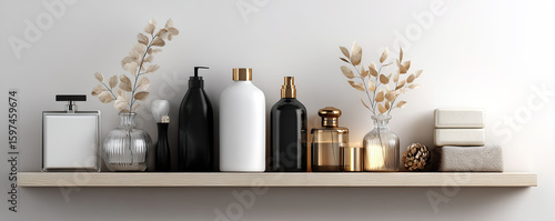 Decorative bathroom shelf displaying various personal care products and ornamental accents in a modern design setting