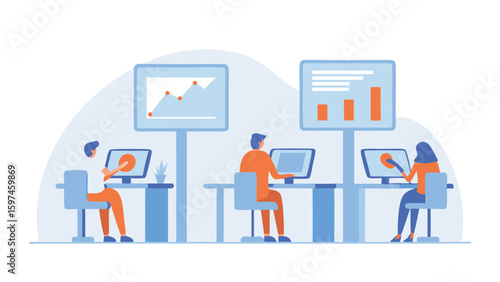 People working on computers in an office with charts and graphs displayed on large screens nearby them