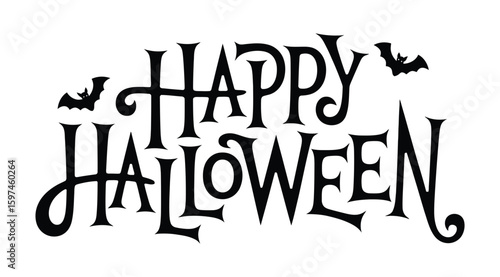 Happy Halloween text with decorative bats in black on white background
