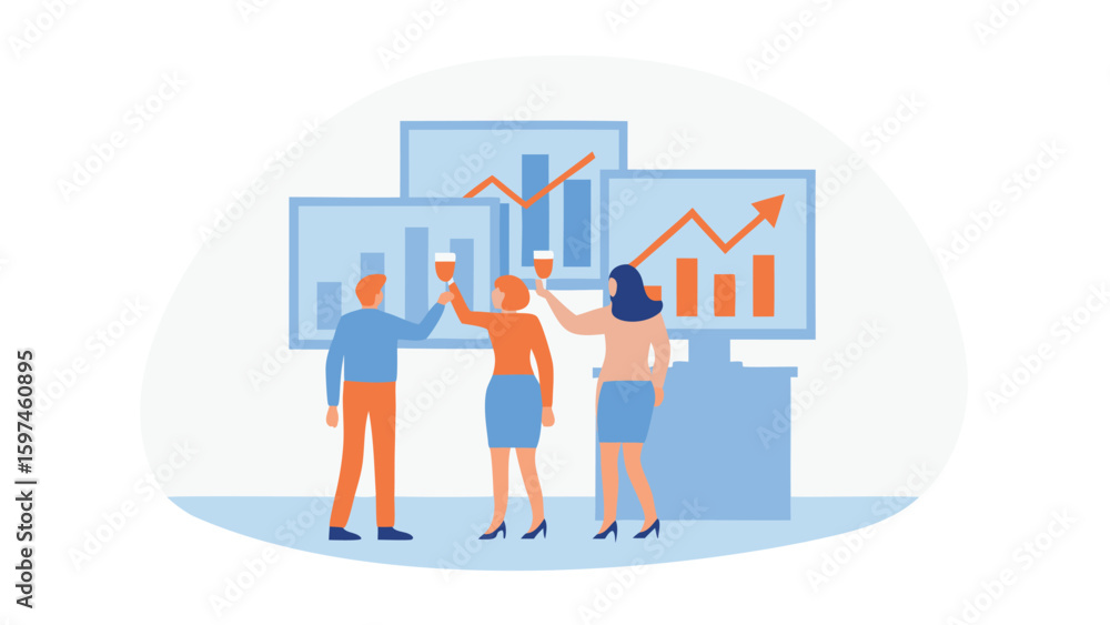 Obraz premium Team celebrating success with drinks in front of charts and graphs on computer screens showing growth