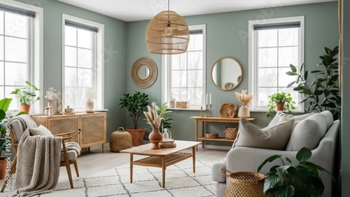 Modern Scandinavian Boho Living Room Interior with Natural Decor and Plants