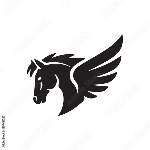 Black silhouette of a winged horse head with flowing mane pegasus mythical creature