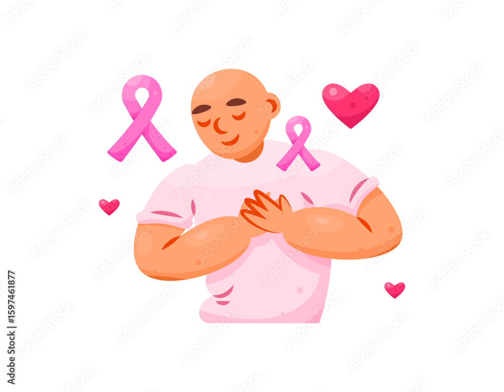 Illustration of a hairless woman closing her eyes and holding her chest. Cancer sufferers and fighters. Pink ribbon, awareness and support for cancer sufferers. Making peace with the situation. Flat Illustration of a hairless woman closing her eyes and holding her chest. Cancer sufferers and fighters. Pink ribbon, awareness and support for cancer sufferers. Making peace with the situation. Flat