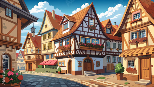 A timber-framed house with flower boxes in Rothenburg ob der Tauber, Germany, situated on a cobblestone street in the medieval town center. The half-timbered style is perfectly preserved