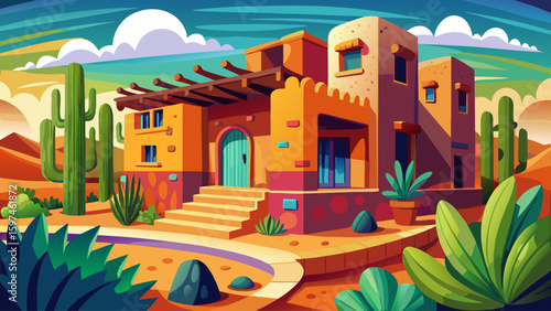 A colorful adobe house in Santa Fe, New Mexico, USA, with rounded corners, wooden beams, and a cactus garden in front. Earthy tones highlight the Native American and Spanish influences