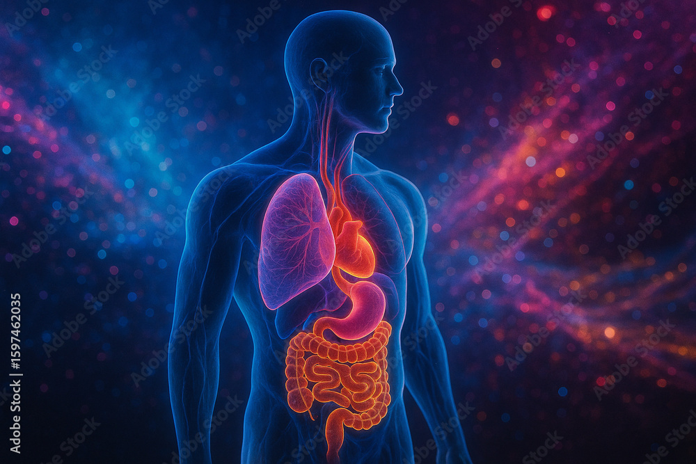 AI generated semi translucent human body showing lungs heart and digestive organs in glowing colors with abstract background for medical and technology concept AI generated semi translucent human body showing lungs heart and digestive organs in glowing colors with abstract background for medical and technology concept