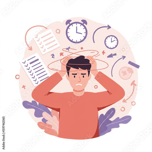 Overwhelmed man struggling with deadlines, stress, and time management amidst a chaotic swirl of tasks and clocks.