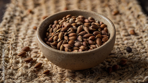 Brown Seeds in a Speckled Ceramic Bowl