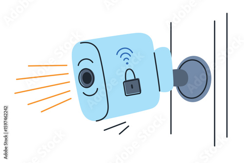 Flat cartoon vector illustration of smart security camera on house wall with Wi Fi control. Home surveillance device, wireless monitoring, automation system, safety, digital protection visuals icon
