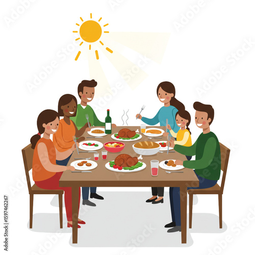 Family enjoying Thanksgiving dinner together at dining table under the shining sun