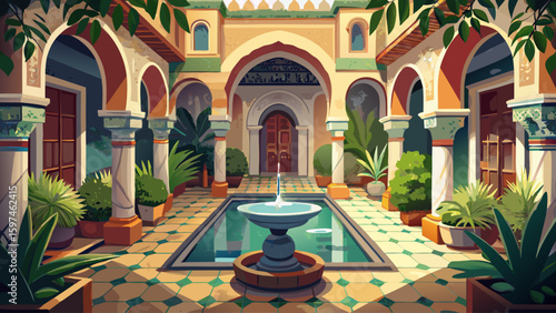 A historic stone riad in Marrakech, Morocco, with intricate tilework, arched doorways, and a shaded central courtyard filled with plants. Traditional Moroccan style meets serene living