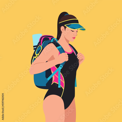 Woman with Backpack Wearing Visor Posing on Yellow Background