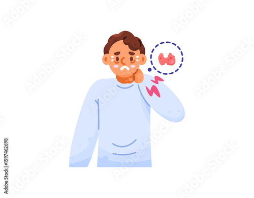 illustration of a man with bulging or protruding eyes and a swollen neck. Hyperthyroidism sufferers. Swollen thyroid gland. Health problems. Gestures and expressions. Flat style character design
