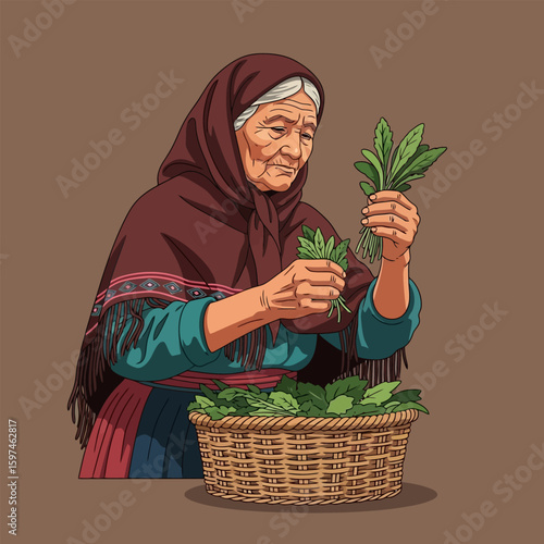 Old Woman Sorting Green Herbs in Brown Basket Illustration