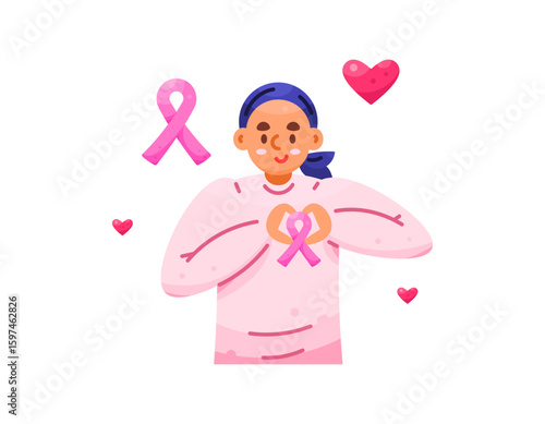 Illustration of a hairless woman with her hands forming a heart shape on her chest. Cancer survivors and fighters. Pink ribbon, awareness and support for cancer sufferers. Flat style character