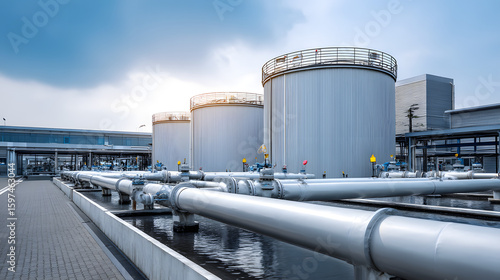 Industrial Water Treatment Facility: Tanks and Pipelines on a Sunny Day