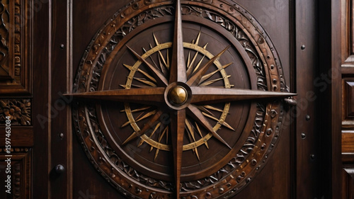 Dark Brown Wooden Door with Carved Compass Rose Design