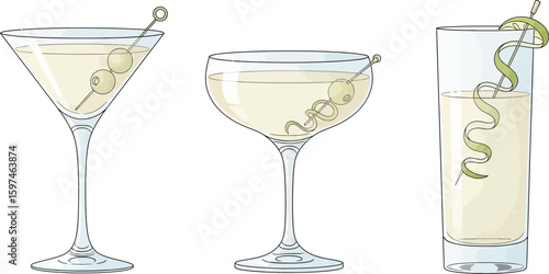 Classic cocktail drinks illustration: martini, gibson, and highball with garnish and olives