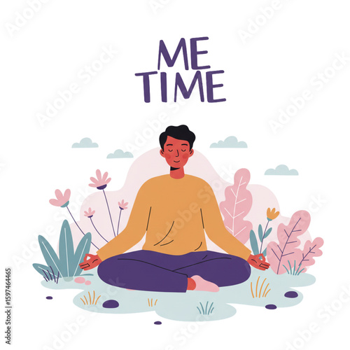 Meditating man enjoys me time in nature; practicing mindfulness and relaxation outdoors