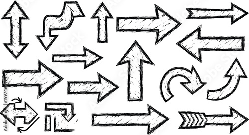 Collection of hand drawn arrows vector illustration, directional signs and pointers design set