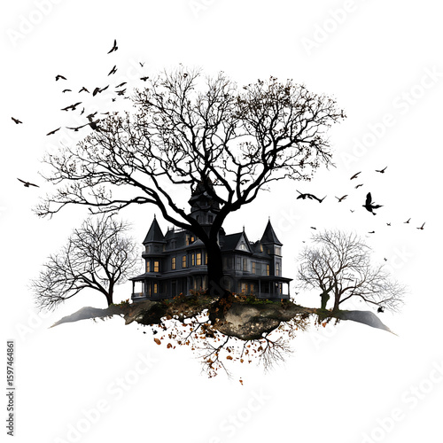 Spooky Victorian Mansion Surrounded by Haunting Trees and Shadowy Birds at Dusk