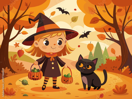 Cute Little Witch and Black Cat Trick or Treating in Autumn Forest – Halloween Illustration
