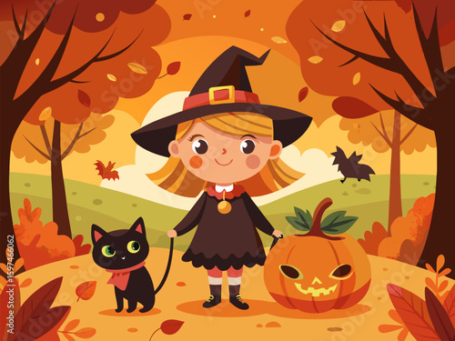 Cute Little Witch and Black Cat Trick or Treating in Autumn Forest – Halloween Illustration