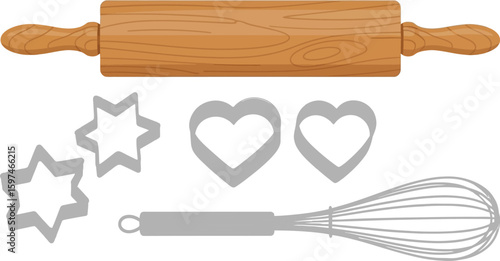 Baking tools set rolling pin cookie cutters and whisk for pastry making and dessert preparation