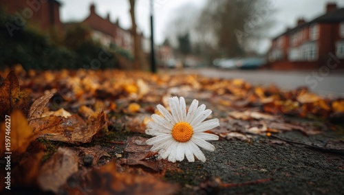 Fototapeta Naklejka Na Ścianę i Meble -  Single daisy on pavement amidst autumn leaves